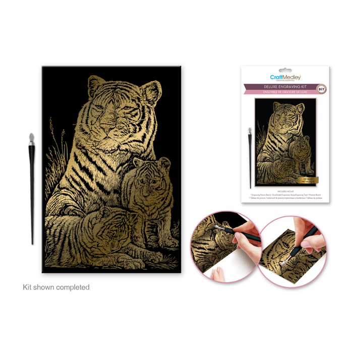 Tiger-themed coloring book with pen and completed artwork on a white background