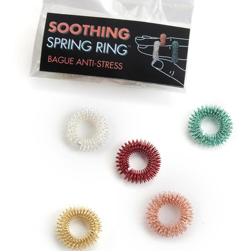 Set of five colorful 'Soothing Spring Ring' stress relievers with packaging on a white background