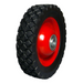 Tire with a red rim and black tread pattern on a white background
