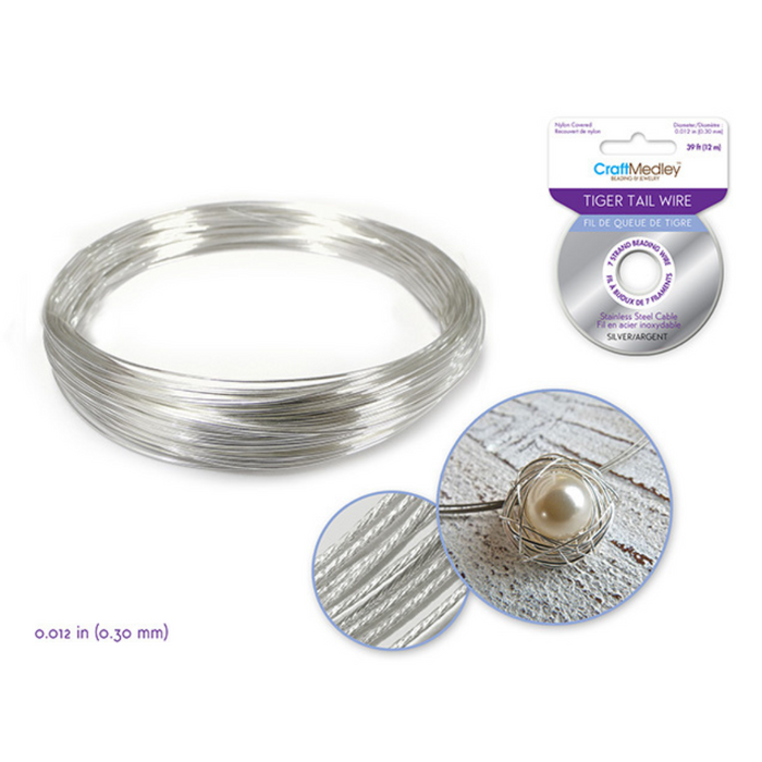Coil of silver 7-strand tiger tail beading wire with packaging and close-up of braided stainless steel texture. Inset shows a wire-wrapped pearl pendant project made with the wire.