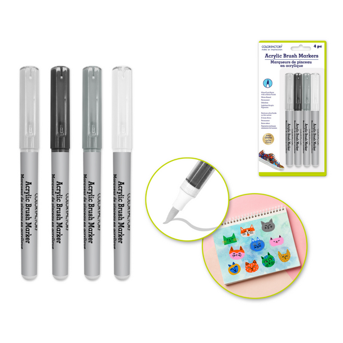 Four acrylic brush markers in monochrome shades with fine brush tips; includes product packaging and a sample artwork with painted cat faces.