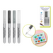 Four acrylic brush markers in monochrome shades with fine brush tips; includes product packaging and a sample artwork with painted cat faces.