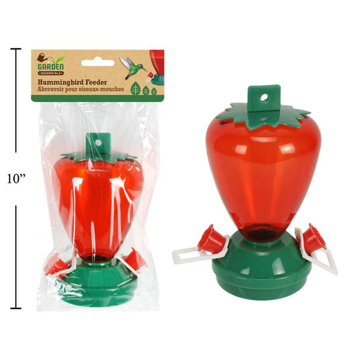Red and green hummingbird feeder with packaging on a white background