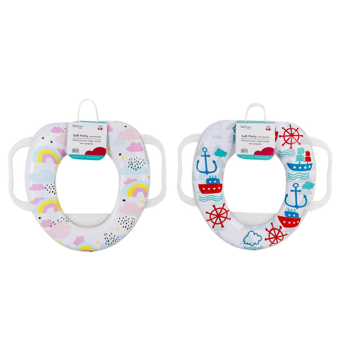 Two children's soft toilet seats with different patterns on a white background