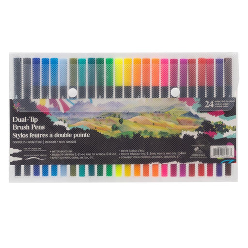 Pack of dual-tip brush pens with color swatches on a white background