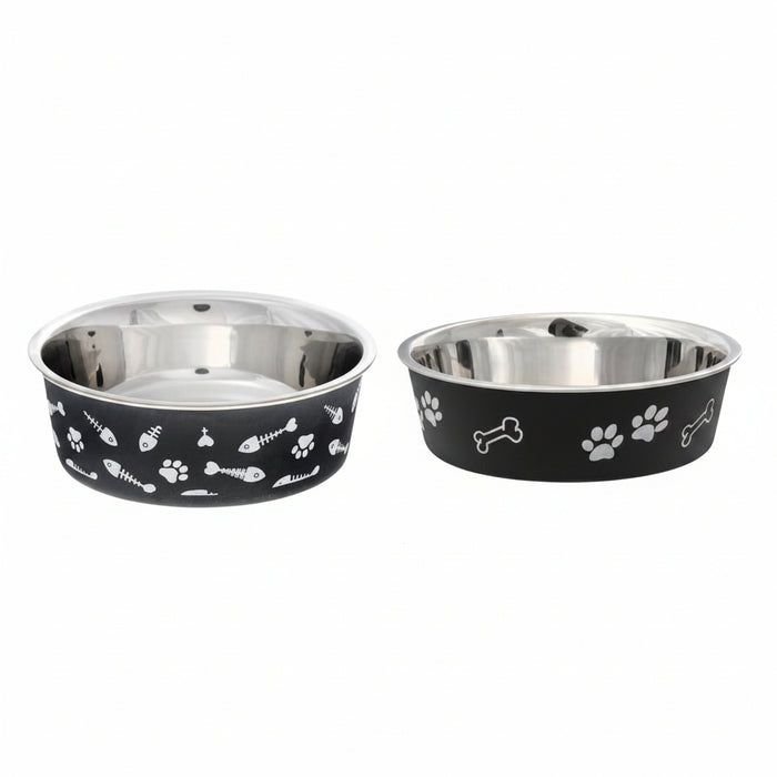 Two stainless steel pet bowls with black outer walls decorated with white paw prints, bones, and fish bone graphics, shown on a plain white background.
