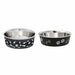 Two stainless steel pet bowls with black outer walls decorated with white paw prints, bones, and fish bone graphics, shown on a plain white background.