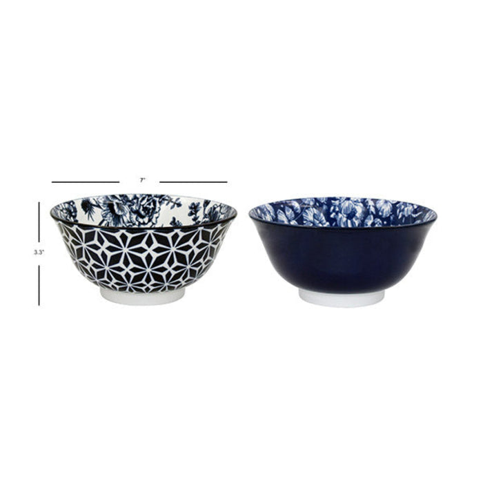 Two ceramic bowls with geometric patterns on a white background
