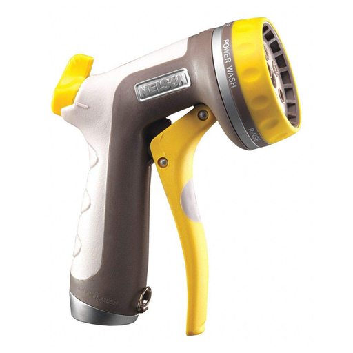 Yellow and gray garden hose nozzle with 'Nesbitt' branding on a white background