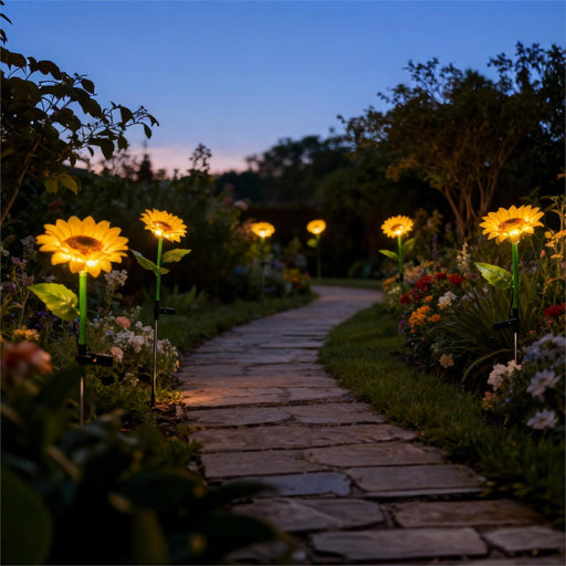 Glowing sunflower-shaped lights along a garden pathway at dusk.