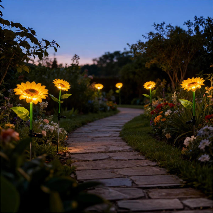 Glowing sunflower-shaped lights along a garden pathway at dusk.