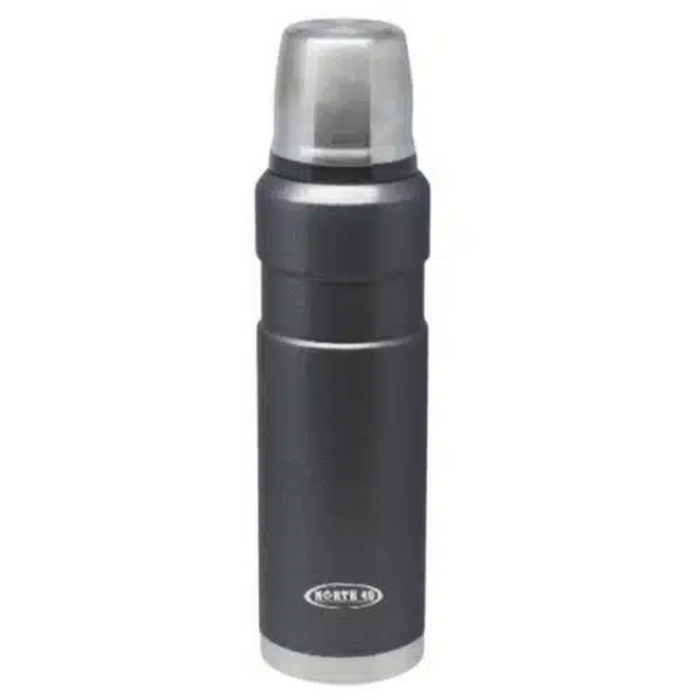 Black thermos with silver cap on a white background