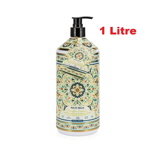 Decorative bottle with floral design and pump, labeled '1 Litre' on a white background