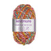 Multicolored yarn ball with 'knitmore' label on a white background