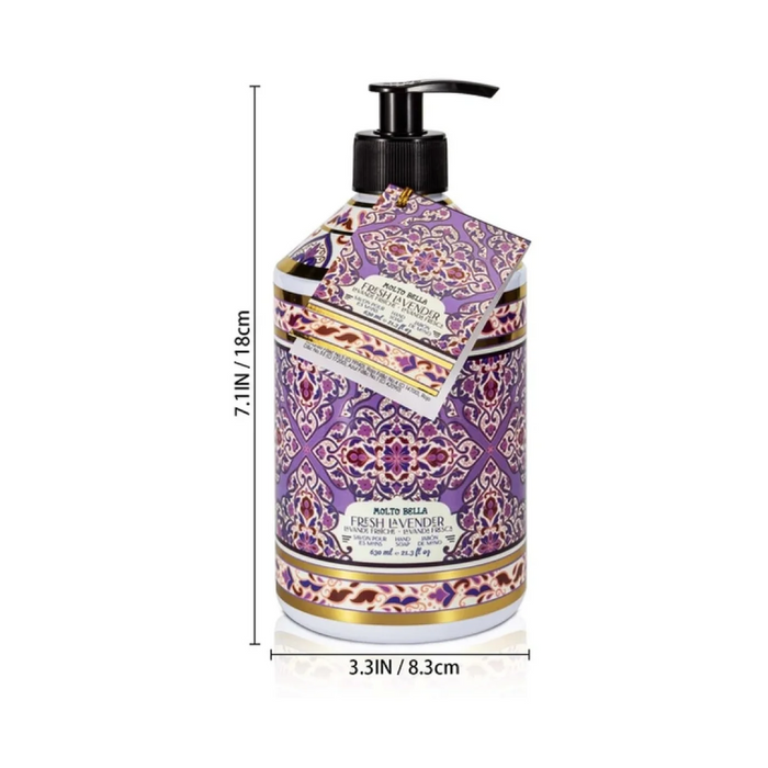 Lavender-themed bottle with pump and measurements on a white background