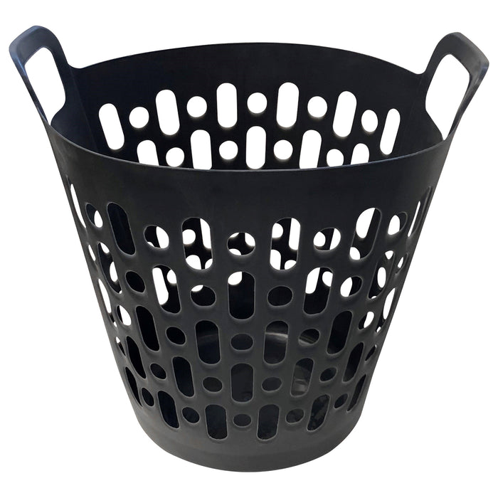 Black flexible plastic laundry basket with large oval ventilation holes and dual handles.