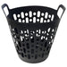 Black flexible plastic laundry basket with large oval ventilation holes and dual handles.