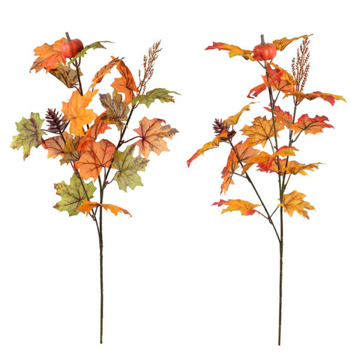 Two artificial autumn maple leaf stems with orange and yellow leaves, green leaves, small pinecones, and tiny pumpkins on a white background.