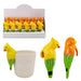 Colorful parrot-shaped items with a box in the background