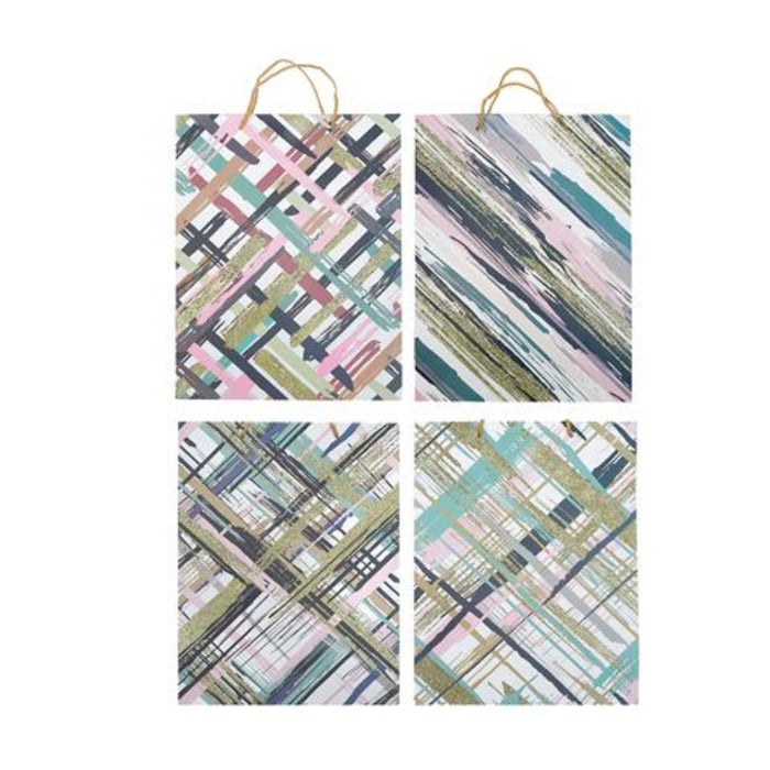Four rectangular wall art panels with abstract geometric line patterns in pastel pink, teal, olive green, gray, and black, arranged in a 2x2 grid on a white background. Each panel has a small natural jute hanging loop at the top.