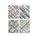 Four rectangular wall art panels with abstract geometric line patterns in pastel pink, teal, olive green, gray, and black, arranged in a 2x2 grid on a white background. Each panel has a small natural jute hanging loop at the top.