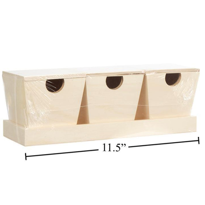 Rectangular wooden storage box with three compartments on a white background, showing dimensions.