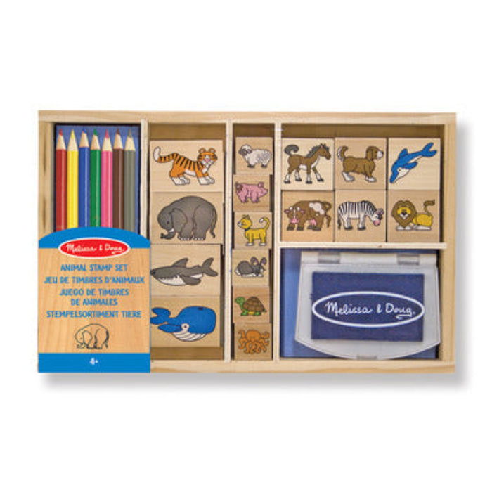 Melissa & Doug animal stamp set with stamps and crayons in a wooden box on a white background