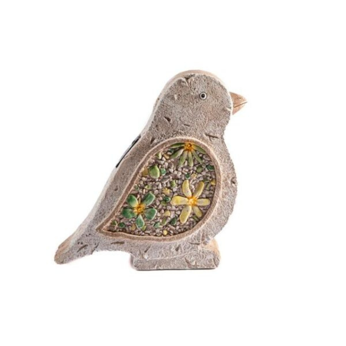 Decorative bird-shaped object with floral design on a white background