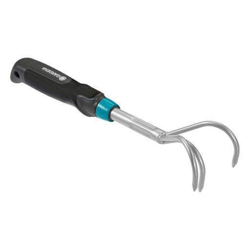 Gardening tool with black handle and silver metal teeth on a white background