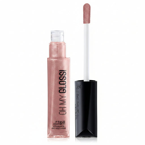 A tube of pink liquid lip gloss with the cap off, showing the applicator wand, on a white background. The brand name 'OH MY GLOSS!' is printed vertically on the tube.
