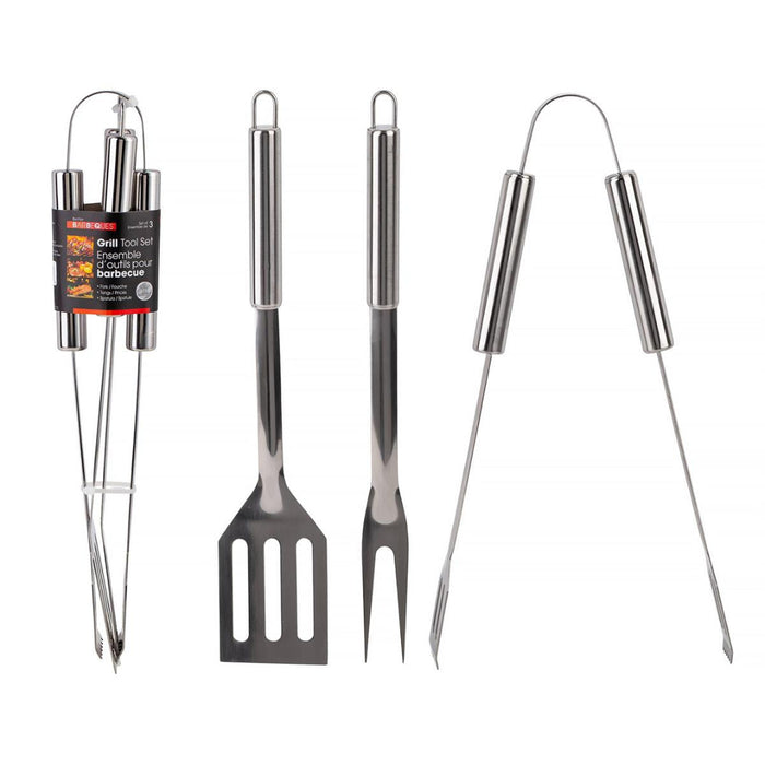 Set of five stainless steel barbecue tools on a white background