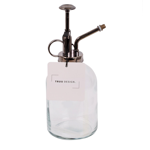Clear glass spray bottle with metal nozzle on a white background, branded 'TRUU DESIGN'.