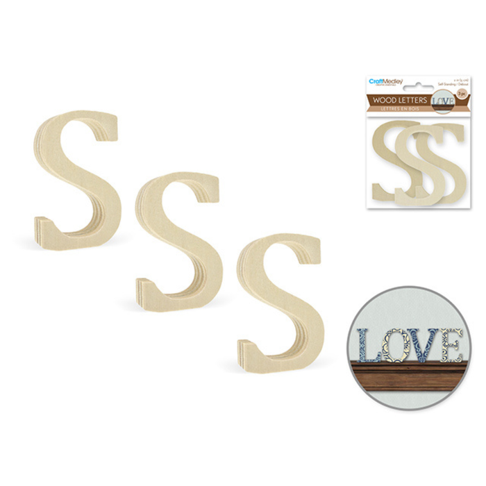 Wooden letter 'S' with packaging and a decorative use example on a white background