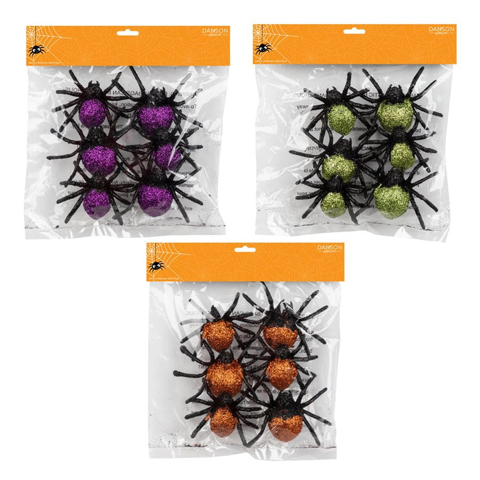 6PK GLITTER PLASTIC SPIDERS ASST COLORS