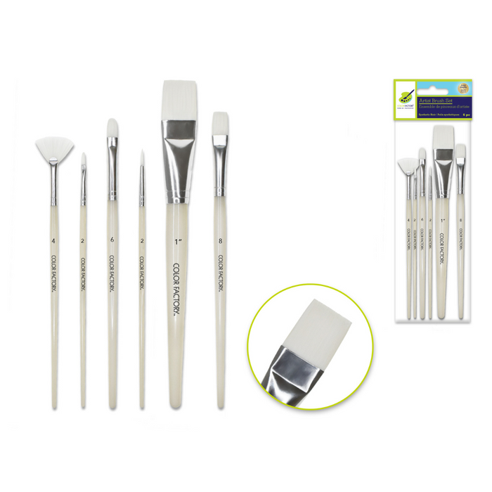 Six white synthetic hair paintbrushes with ivory plastic handles in assorted shapes and sizes, including flat, round, and angled brushes; shown both loose and in retail packaging.
