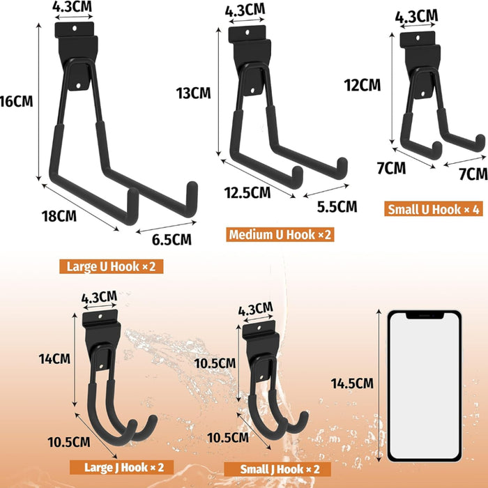 Set of black hooks with measurements on a gradient background