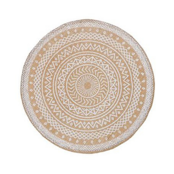 White Mandala Jute Placemat – 15" round, natural jute with white printed mandala design.