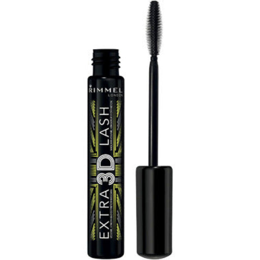 Rimmel London Extra 3D Lash mascara shown with the black tube and the applicator wand on a plain white background.