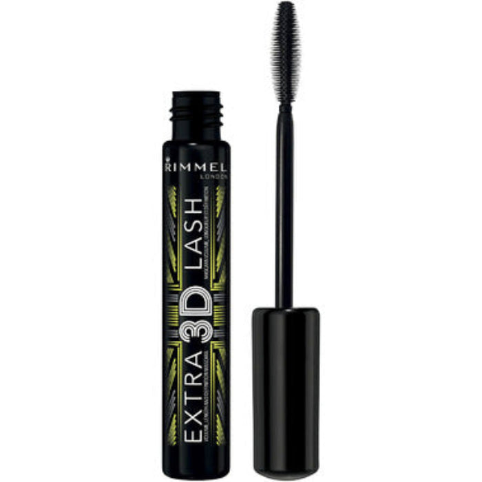 Rimmel London Extra 3D Lash mascara shown with the black tube and the applicator wand on a plain white background.