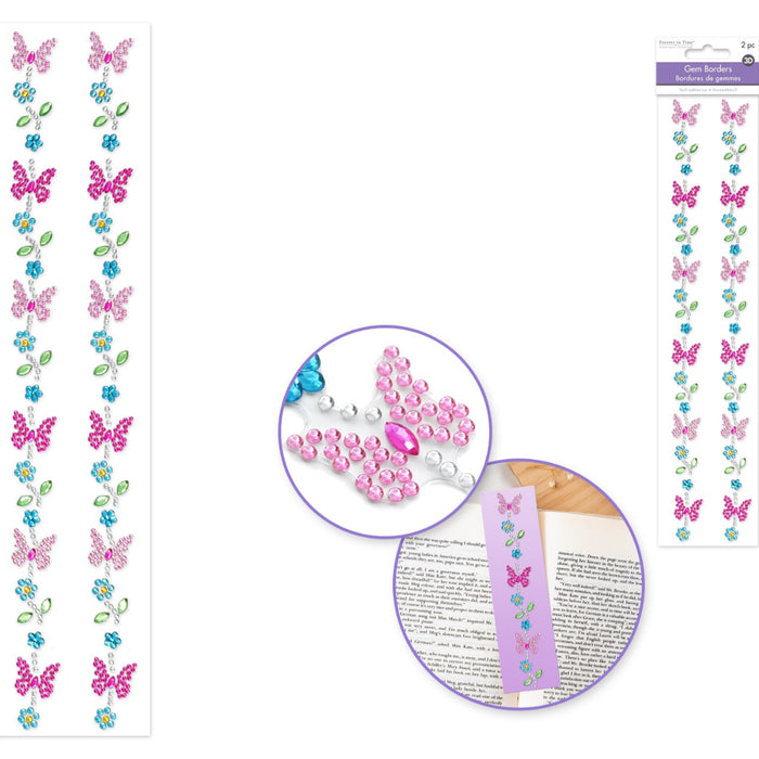 Butterfly and flower decorative stickers with a close-up of a decorated bookmark.