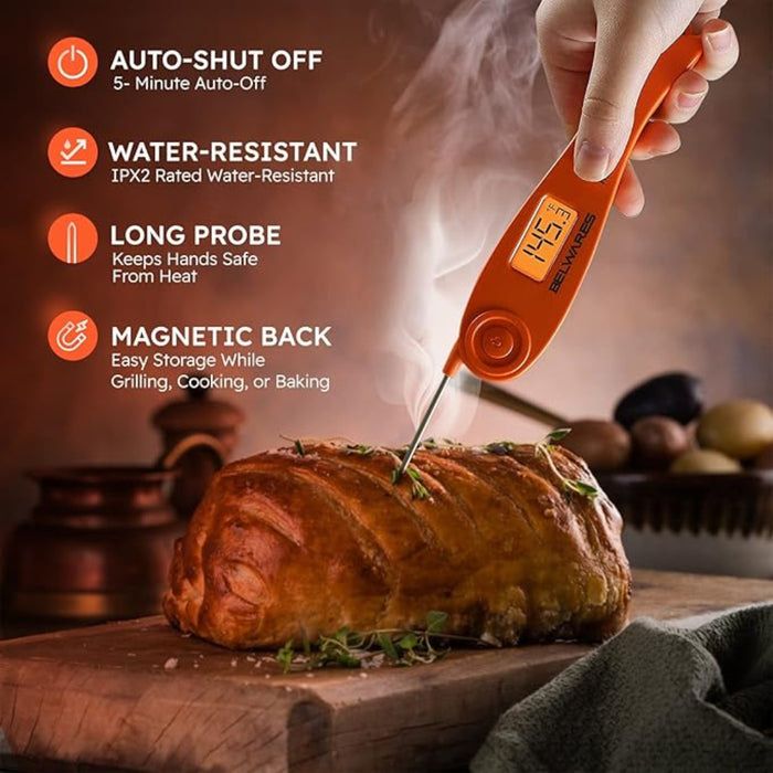 Digital thermometer inserted into a loaf of bread with product features listed on the left.