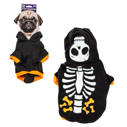 A dog skeleton costume hoodie shown on a small pug on the left and laid flat on the right against a white background. The black hooded pet sweater has orange cuffs and hem, and the front view shows a white skeleton print with yellow bone accents.