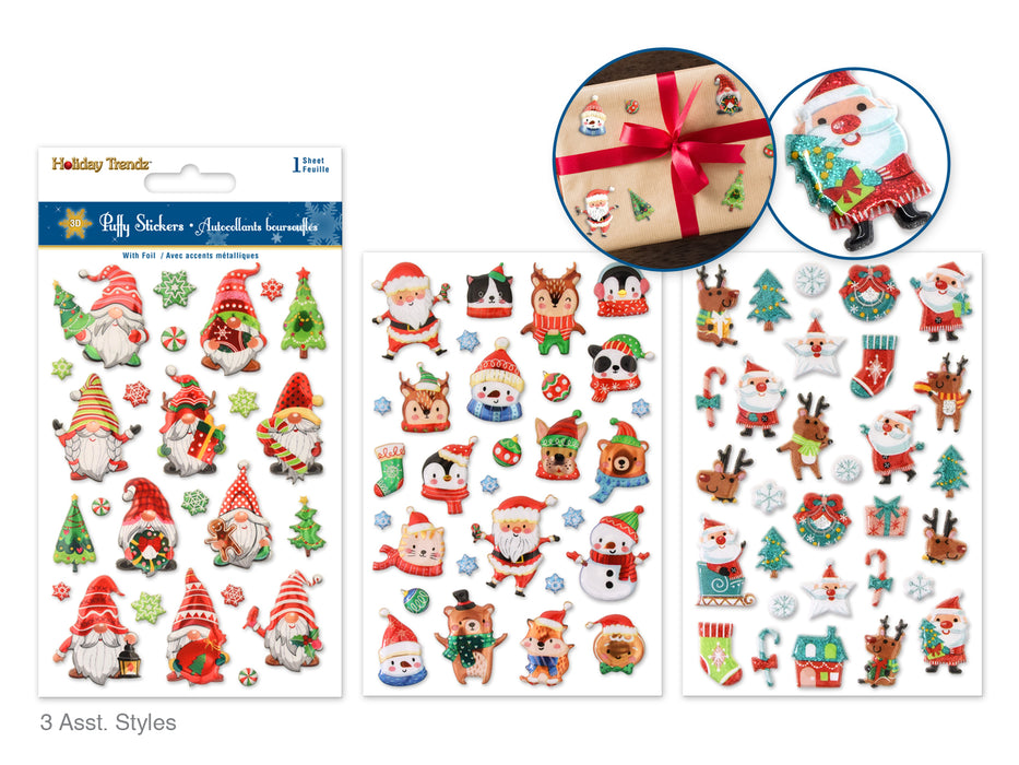 HOLIDAY STICKERS: 3.9"X5.9" 3D PUFFY FOIL ASST 12EAX3STYLES A) HOLIDAY ICONS