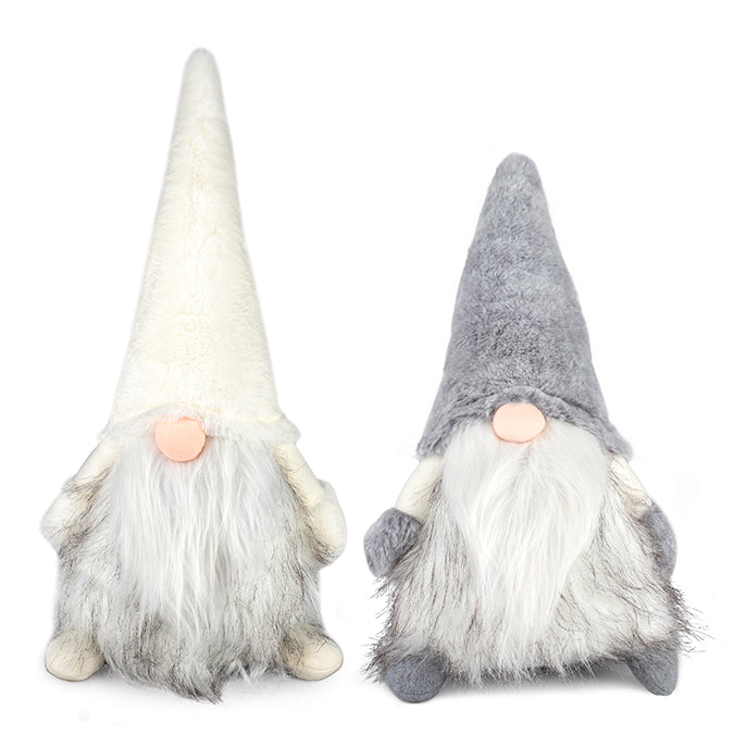 FABRIC SITTING GNOME SANTA WITH FUR BEARD, HAT & BODY - GREY/WHITE