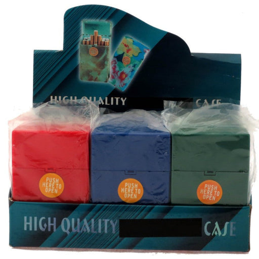 Display of red, blue, and green card cases with 'Push Here to Open' labels on a white background.