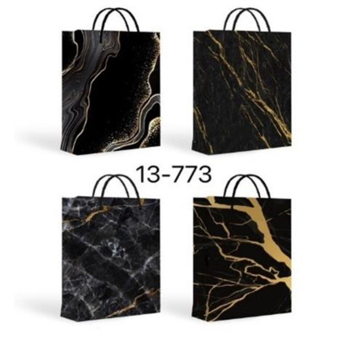 Four black gift bags with gold and gray marble patterns, arranged in a 2x2 grid on a white background with the text '13-773' in the center.