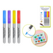 Set of four bright-toned acrylic brush markers with clear caps, packaging shot, detailed brush tip, and creative example page.