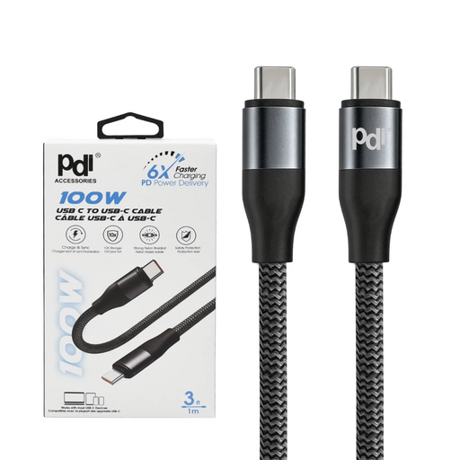 Black USB-C to USB-C cable with packaging displaying product details on a white background