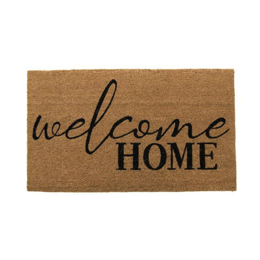 Doormat with 'welcome home' text on a white background