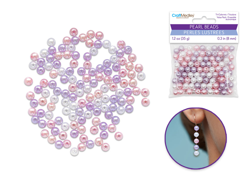 PEARL BEADS: 8MM GLOSS TRI-COLOR MIX 35GMS